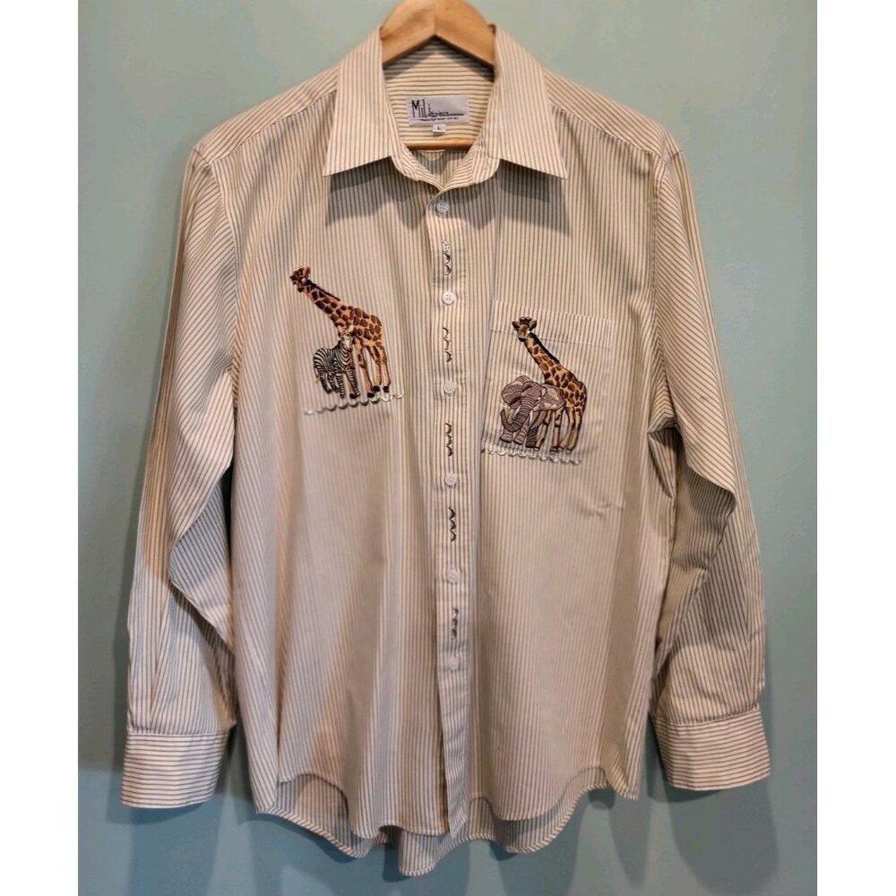 Mili Designs Tan White Safari Animal Embroidered Button Up Shirt Sz L